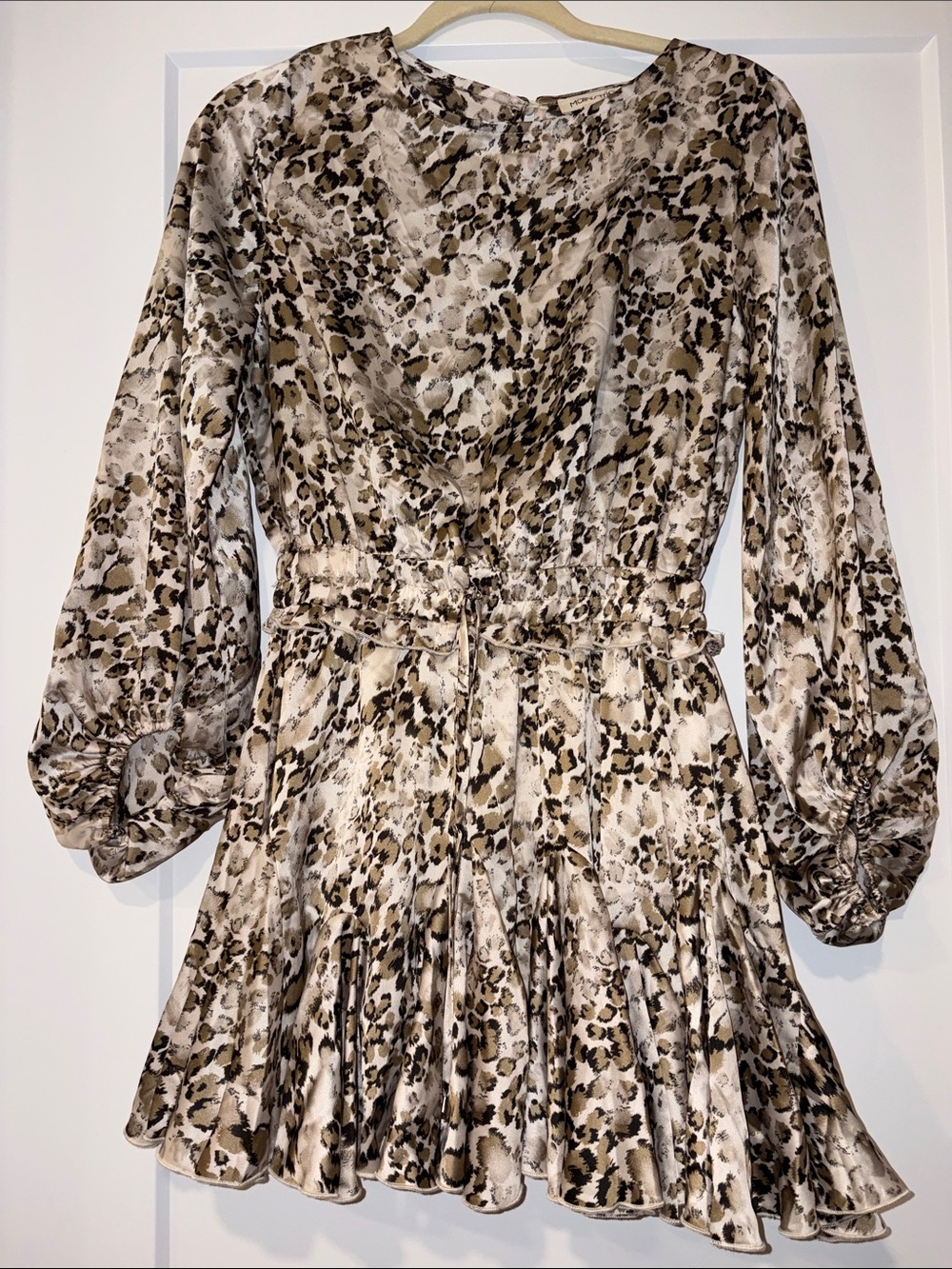 Leopard Print Long-Sleeve Ruffle Hem Dress - Taupe